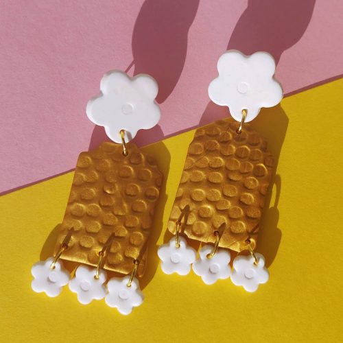 Handmade White Flower and Gold Honeycomb Earrings